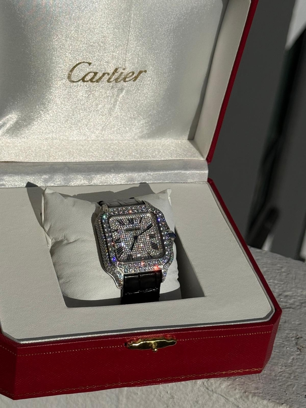 Cartier Silver Diamond Pave Santos with Black Strap